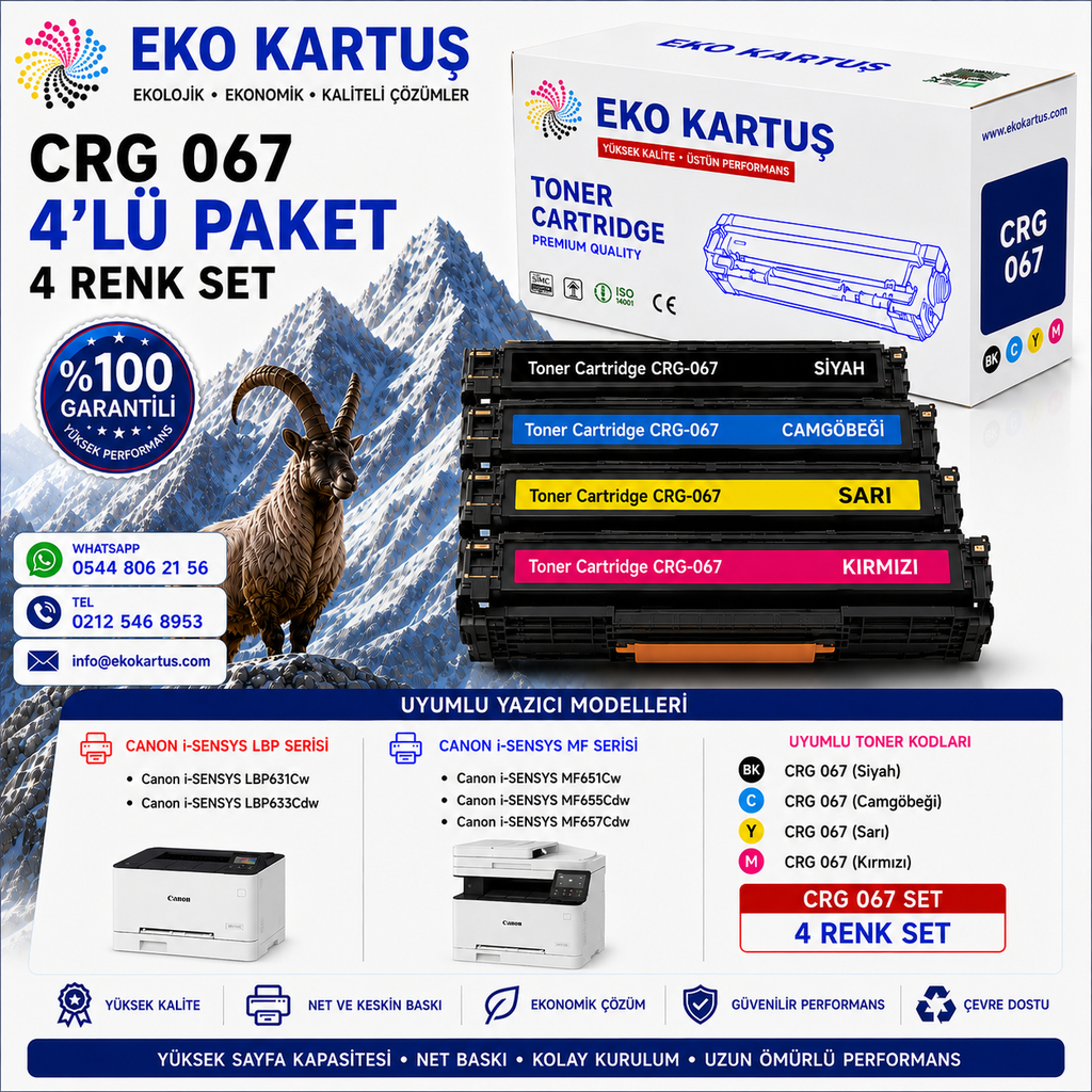 Canon i-Sensys LBP-631Cw CRG 067 Uyumlu Sıfır İthal Toner Seti
