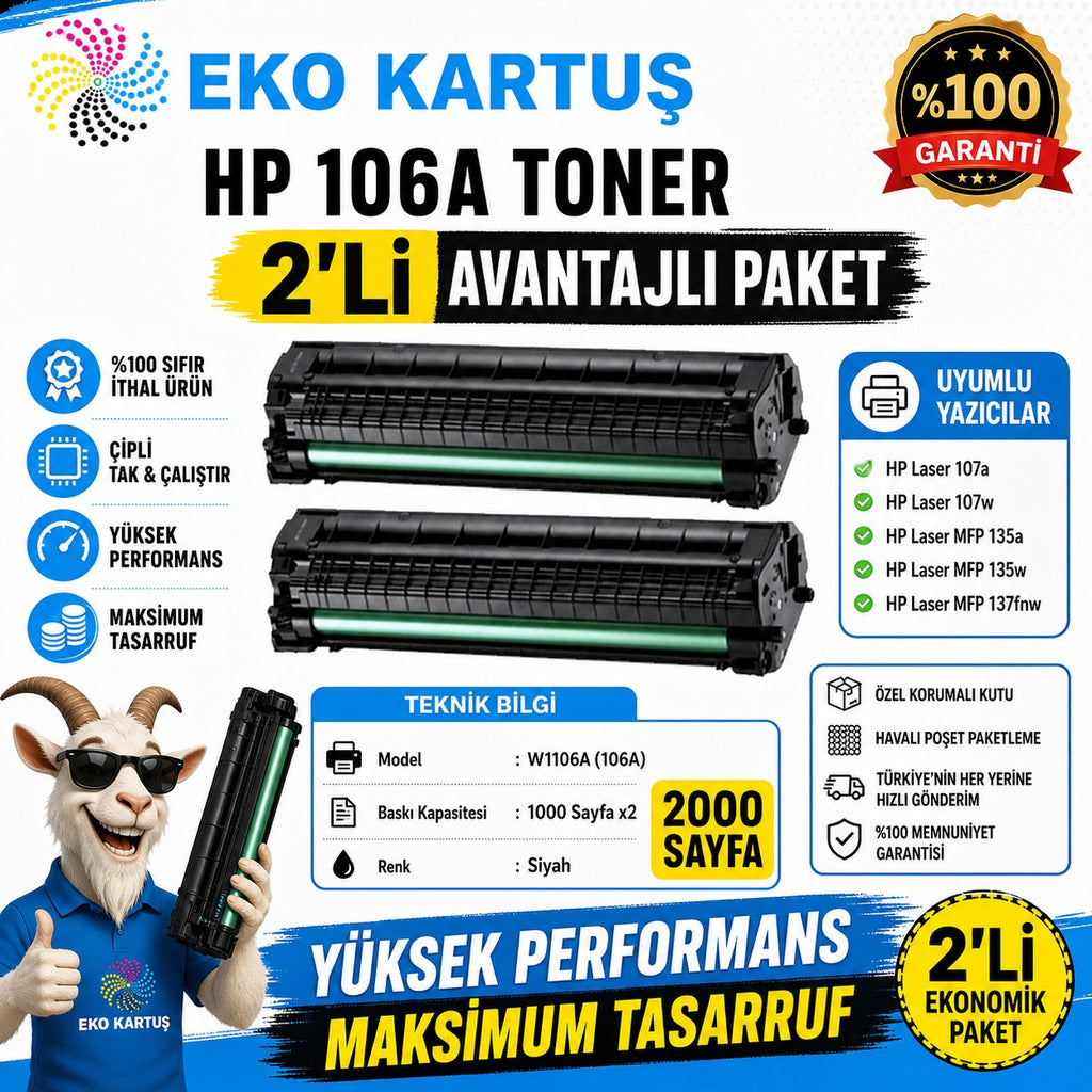 Hp Laser 107 2’Lİ AVANTAJLI ÇİPLİ106A Muadil Toneri