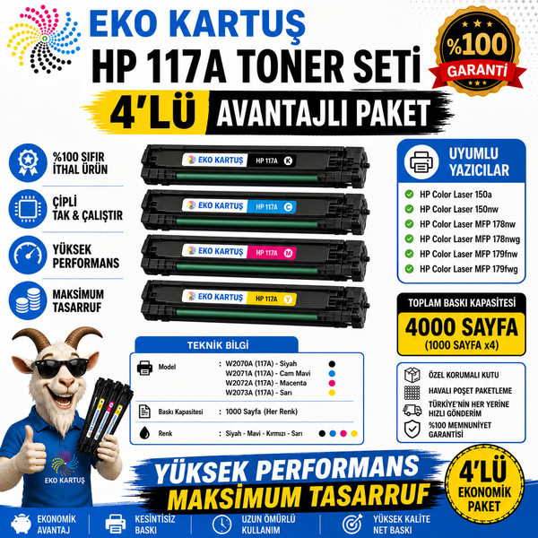 Hp Color Laser MFP 179fnw 117A(W2070A) 4'LÜ SET ÇİPLİ Muadil Toner