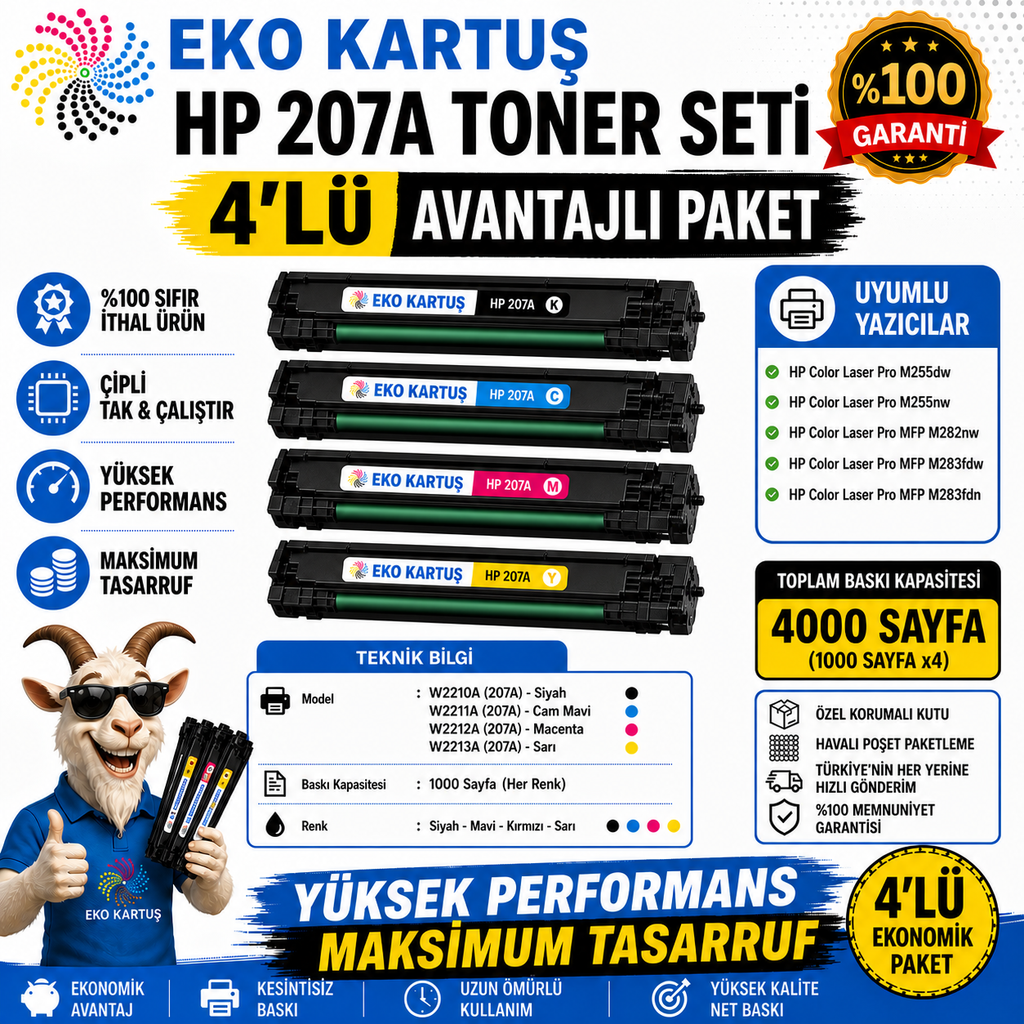 Hp Color LaserJet Pro MFP M283cdw 207A (W2210) SET ÇİPLİ  Muadil Toner