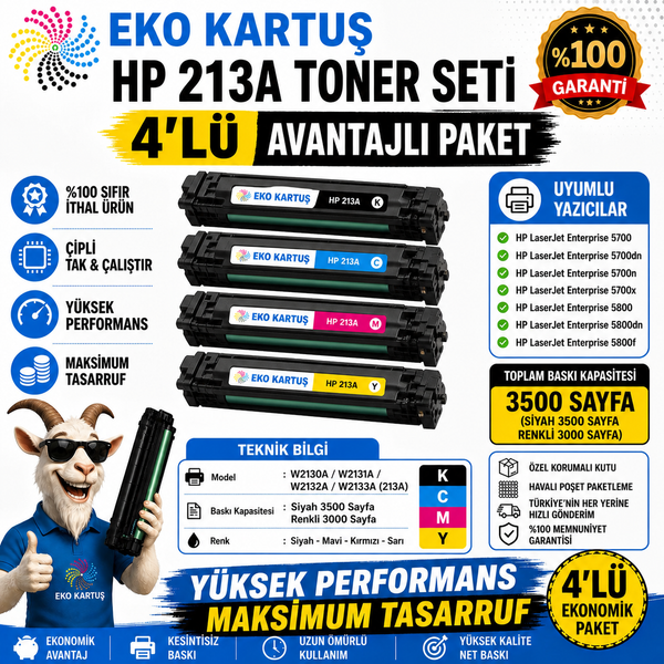 HP Color LaserJet Enterprise X55745 Muadil Toneri 4 Renk ÇİPLİ 213A (W2130A)