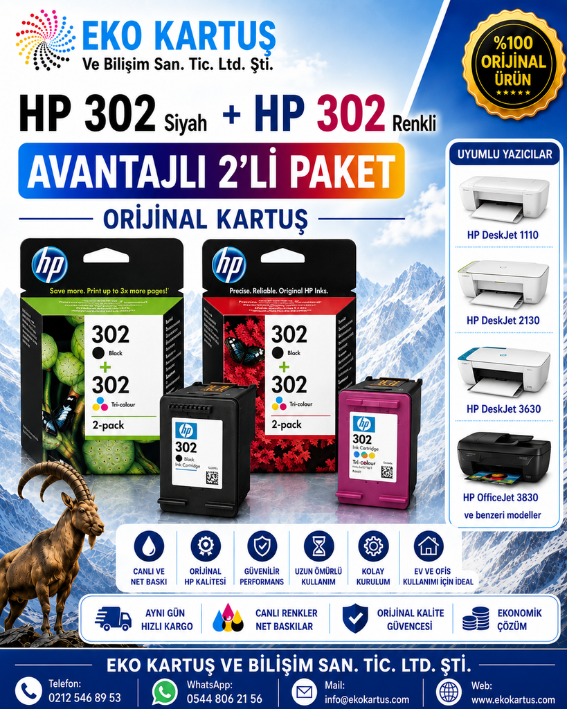 HP DeskJet 2139  HP 302 RENKLİ VE SİYAH 2'Lİ PAKET