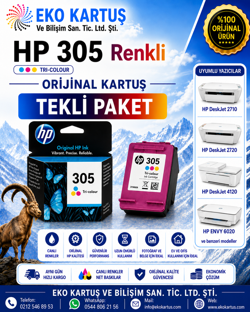 HP DeskJet 2320  HP 305 RENKLİ VE SİYAH 2'Lİ PAKET