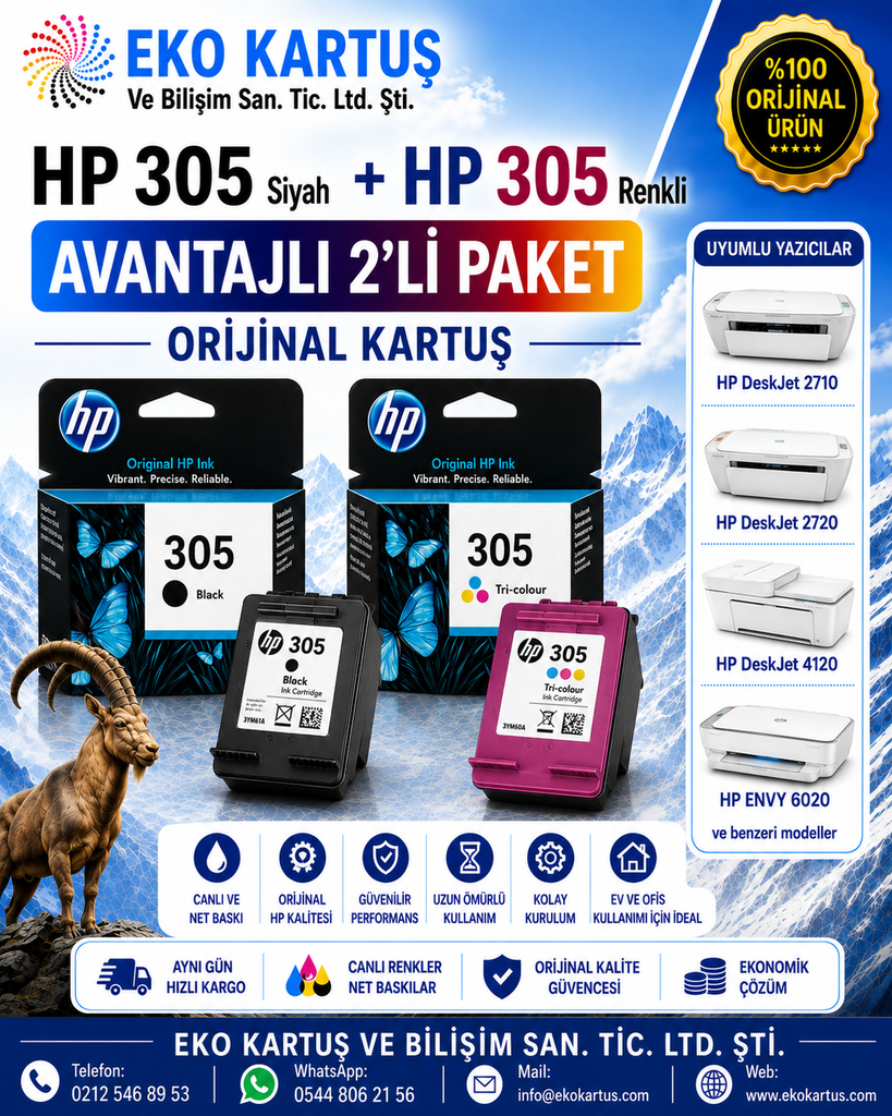 HP 305-3YM60AE Renkli- HP 305-3YM61AE Siyah Orjinal Kartuş 2'Lİ PAKET