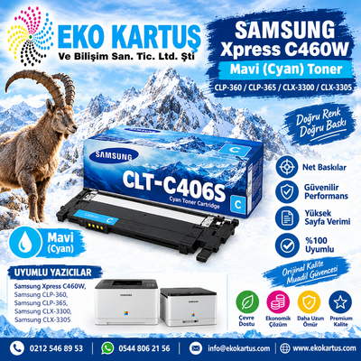 SAMSUNG CLT-C406S Cyan / Mavi Orijinal Toner  CLP-360/  CLP-365/ CLX-3300/  CLX-3305/