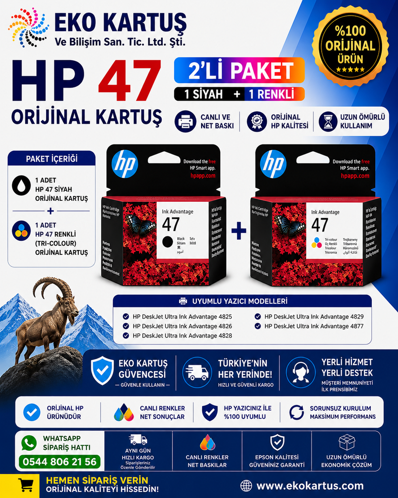 Hp DeskJet Ultra Ink Advantage 4825 set 47 KARTUŞ( 6ZD61AE) Renkli -(6ZD21AE) Siyah