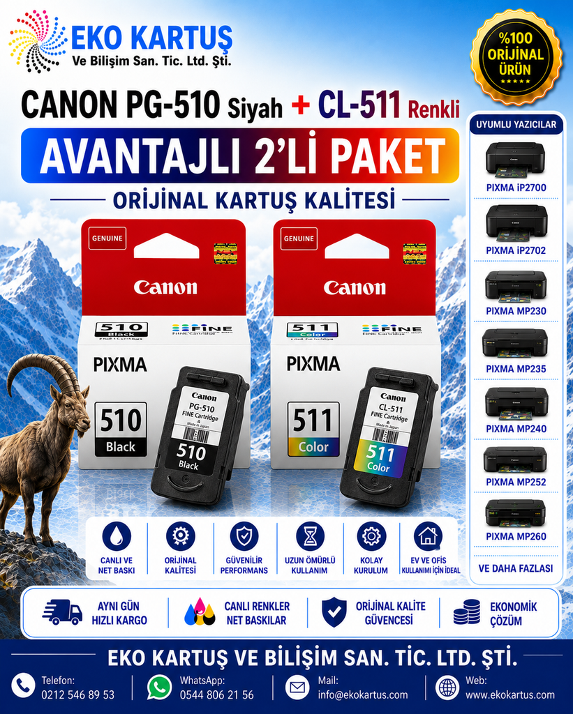 Canon PIXMA iP2700  CL 511 RENKLİ VE 510 SİYAH 2'Lİ PAKET