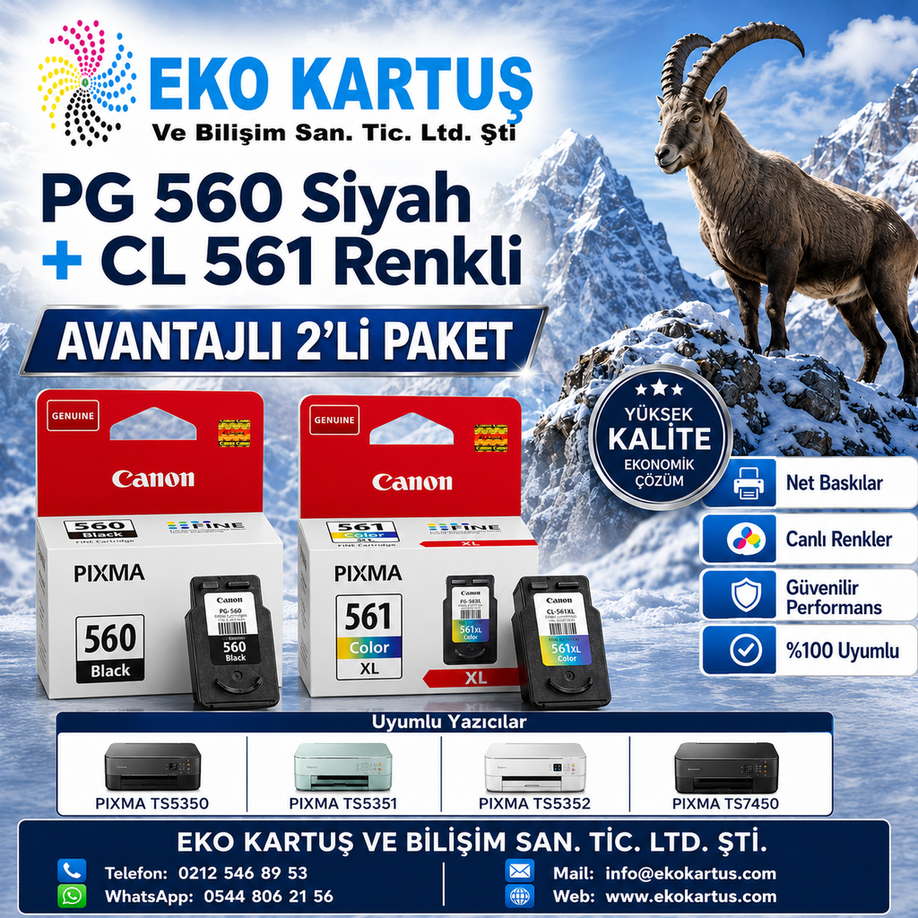 Canon PIXMA TS5300 CL 561 RENKLİ VE 560 SİYAH 2'Lİ PAKET