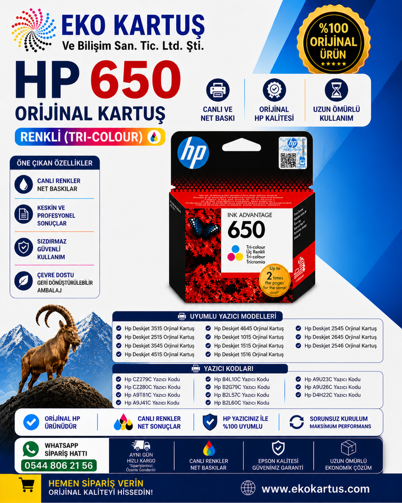 Hp 650-Cz102Ae Renkli Orijinal Kartuş