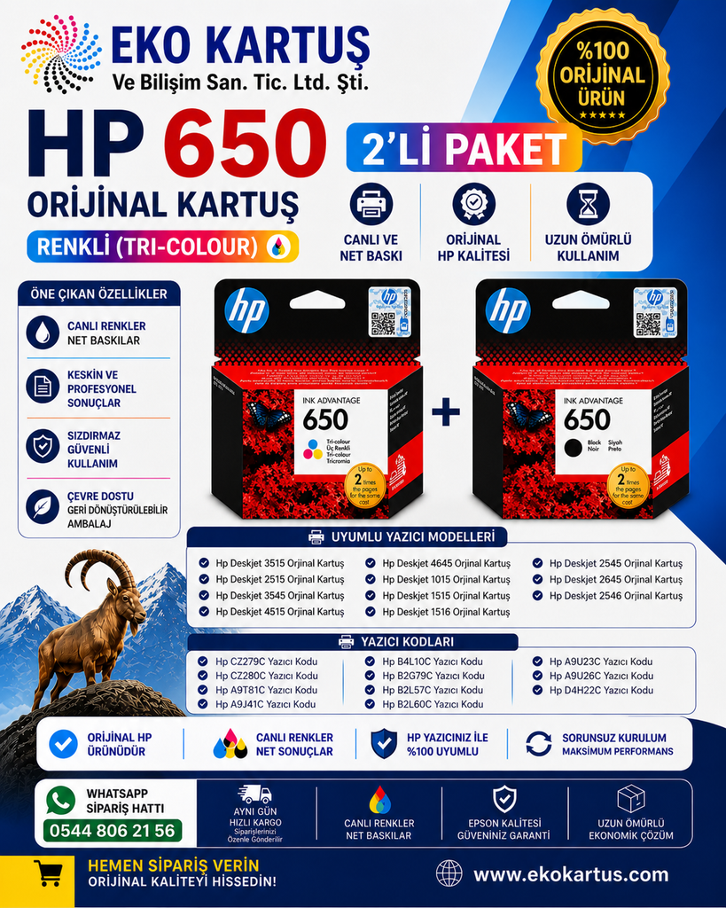 HP 650 CZ101AE BLACK - HP 650 CZ102AE Renkli Orijinal Kartuş 2'Lİ PAKET