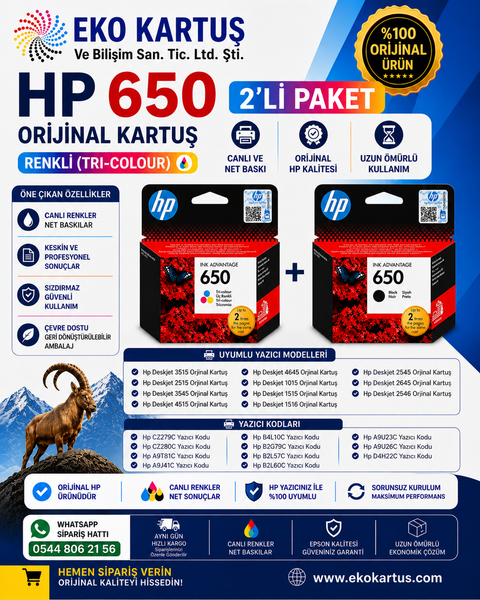 HP 650 CZ101AE BLACK - HP 650 CZ102AE Renkli Orijinal Kartuş 2'Lİ PAKET