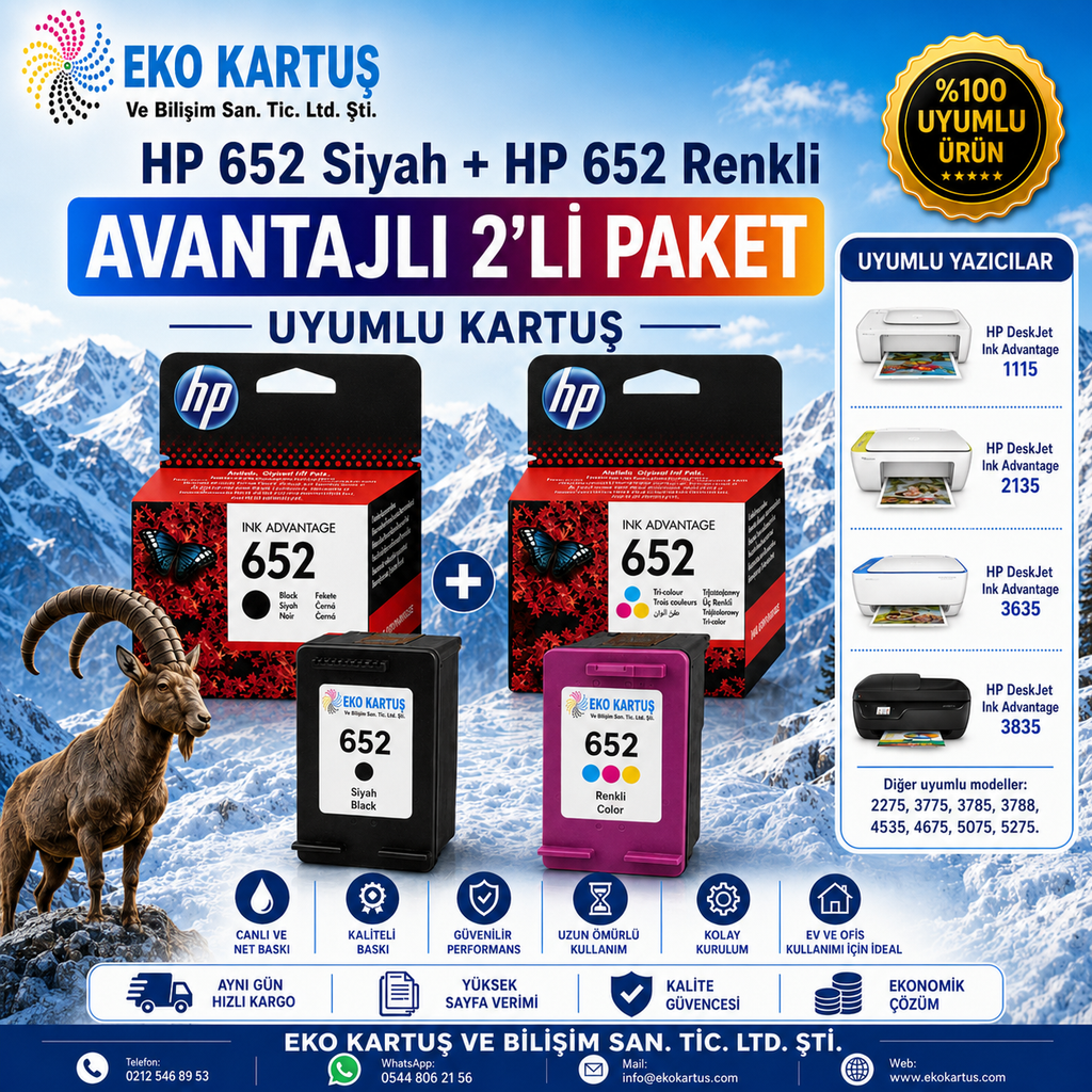 HP 652 RENKLİ (F6V24AE) VE SİYAH (F6V25AE)  2'Lİ PAKET  AVANTAJLI