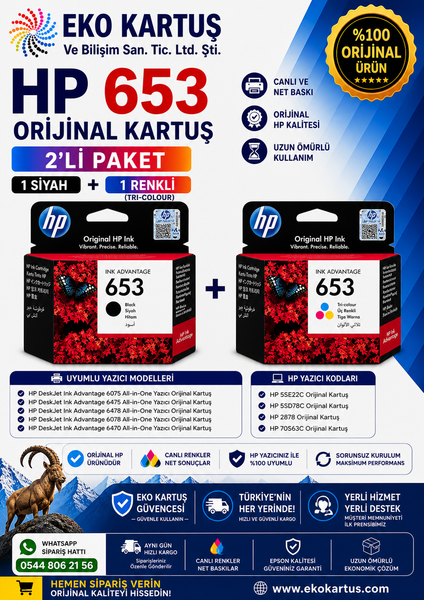 HP DeskJet Ink Advantage 6078 Hepsi Bir Arada Yazıcı Orijinal Kartuş, 653 2'Lİ PAKET