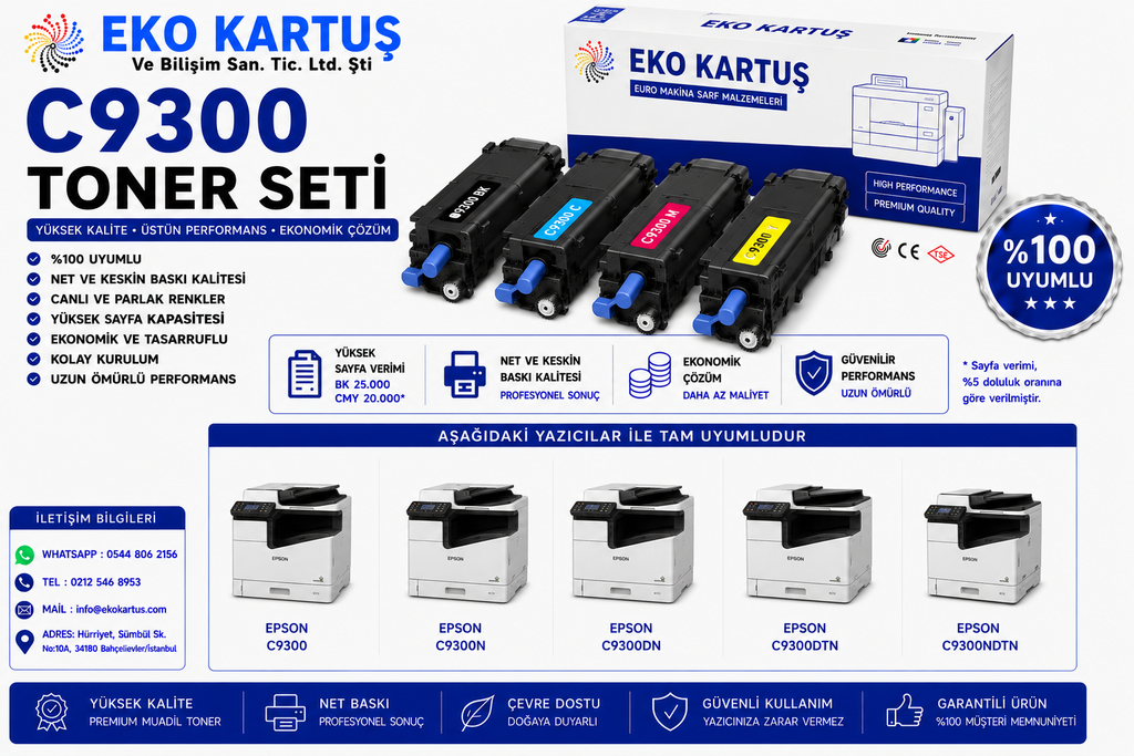 Epson Aculaser C9300DN Uyumlu Sıfır İthal Toner SET 4 RENK