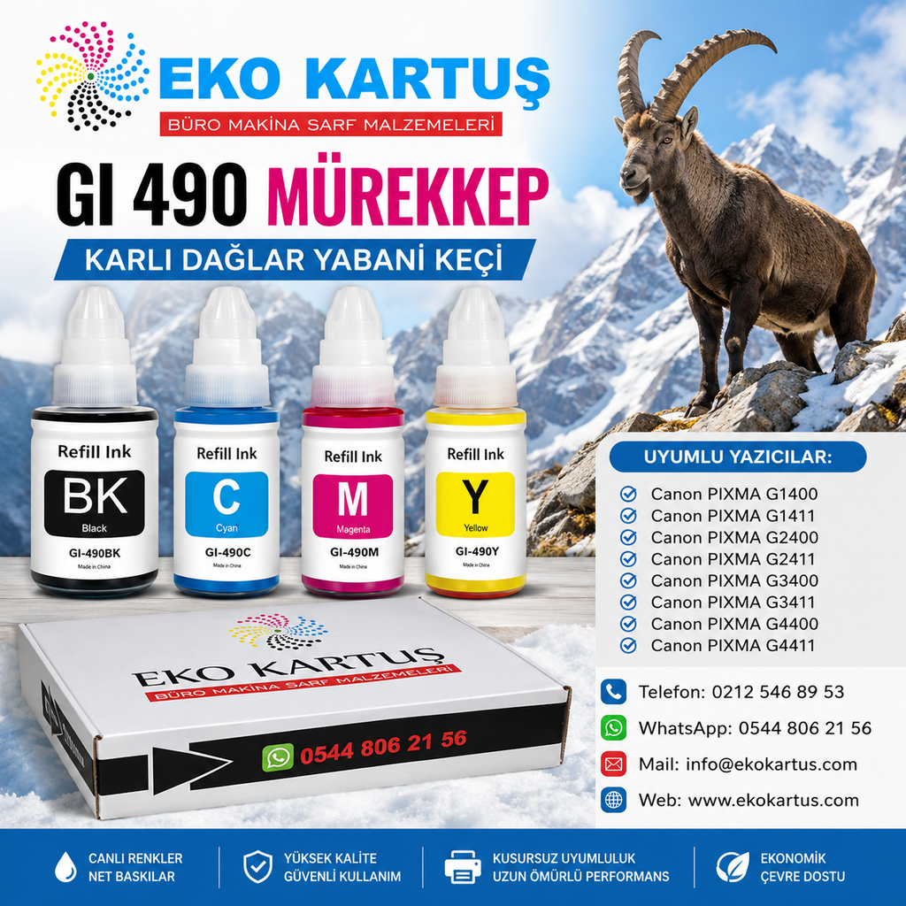 Canon PIXMA G2410 MUADİL GI-490 MÜREKEP SET 4 RENK (GI490)