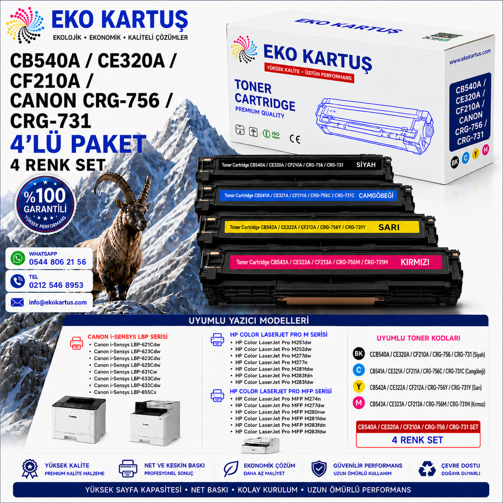 Hp Color Laserjet CB540A Uyumlu Sıfır İthal Toneri CE320, CF210, CRG731, CRG76 CMYK SET