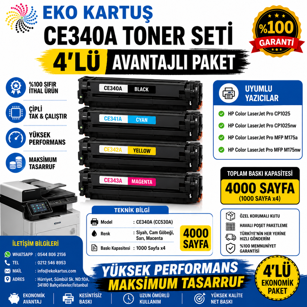 HP LaserJet Enterprise 700 Renkli MFP M775f Uyumlu Sıfır İthal Toner CE340A (651A) CMYK SET