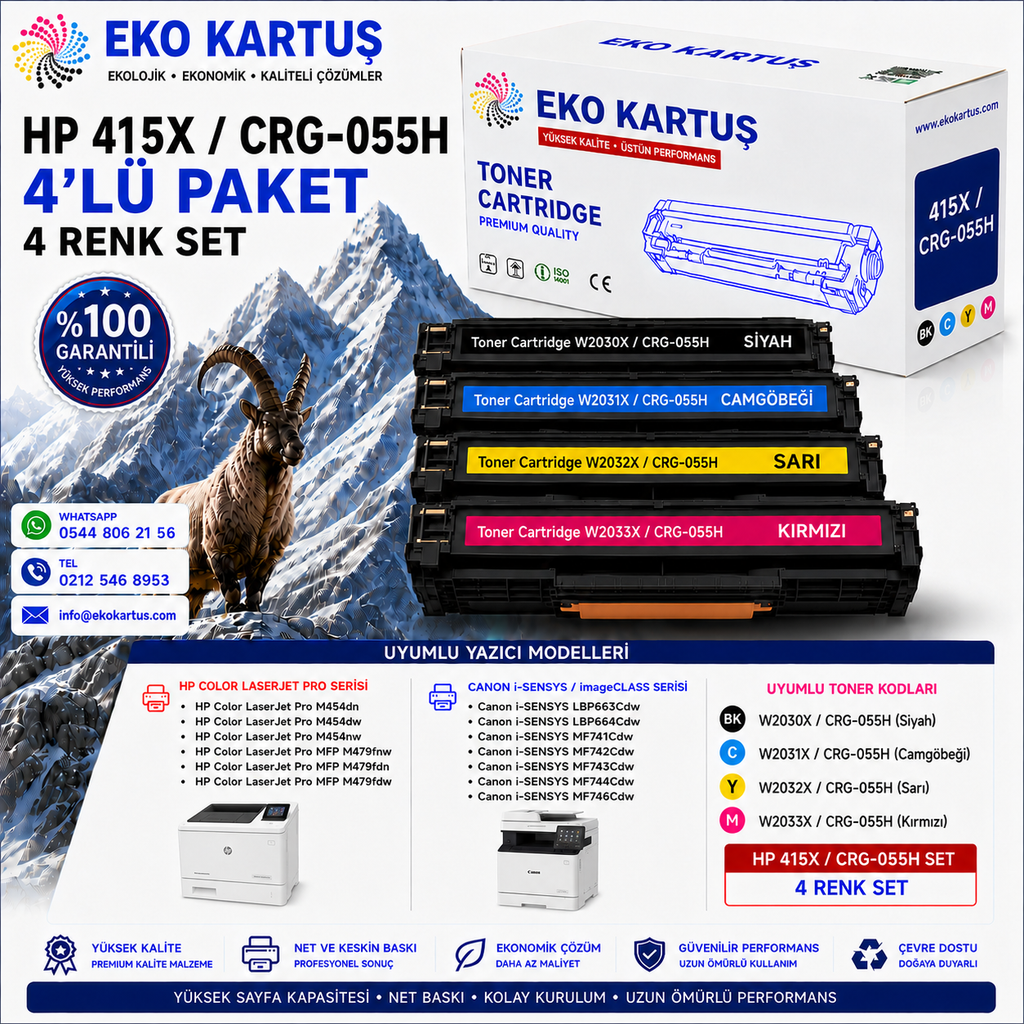 Hp Color LaserJet Managed E45028dn CF415X (W2031A)CRG055H-BK (CHİPSİZ)YÜKSEK KAPASİTE