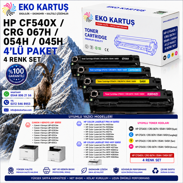 HP  CF540X CRG054H CRG045H CRG067H 4 RENK SET YÜKSEK KAPASİTE MUADİL TONER