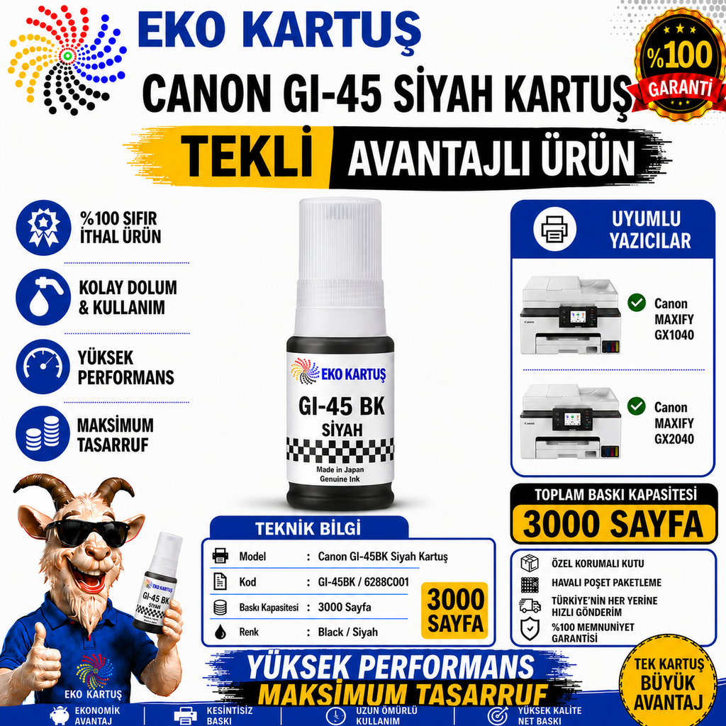 Canon GI-45 BLACK Uyumlu Sıfır İthal Mürekkep