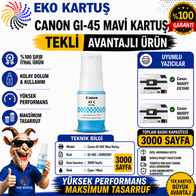 Canon GI-45 CYAN Uyumlu Sıfır İthal Mürekkep (GI45)