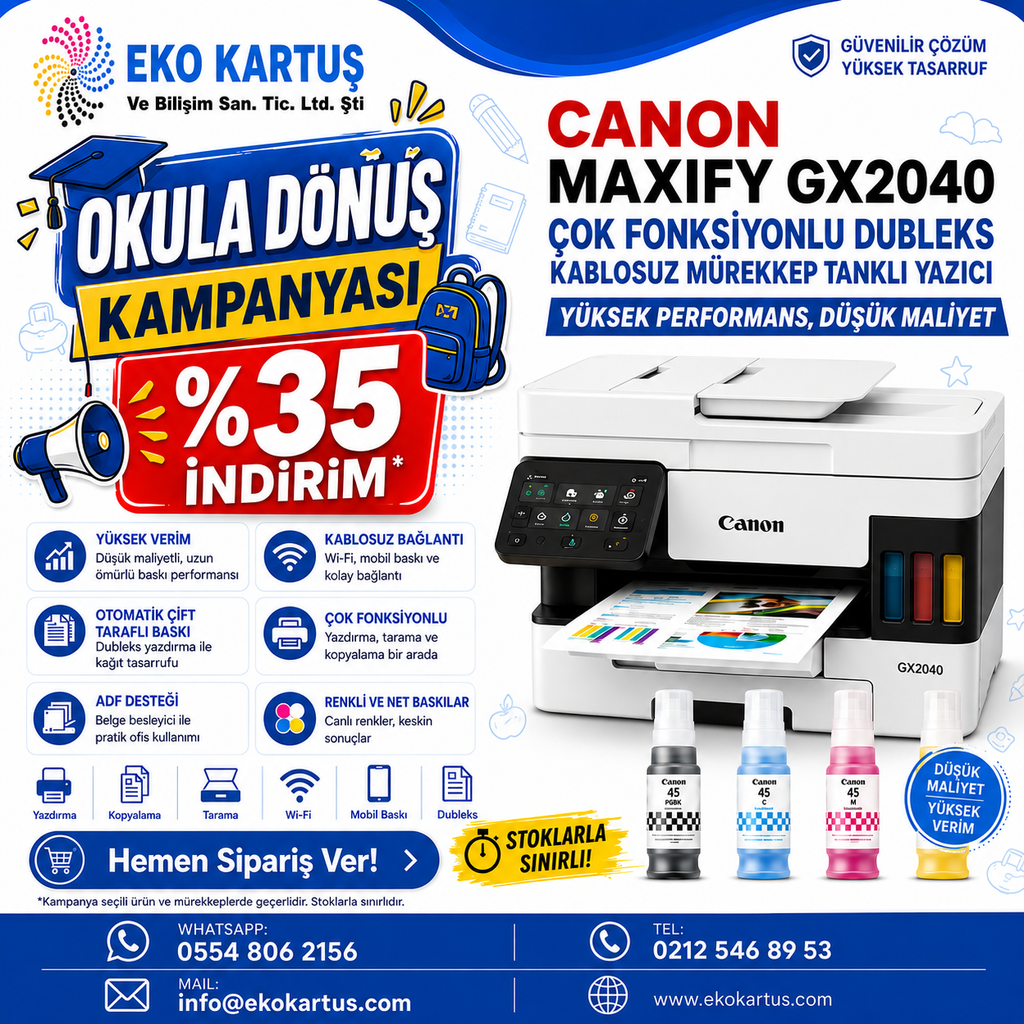Canon Maxıfy GX2040 Çok Fonksiyonlu Yazıc Mürekkep Tanklı Fotokopi Tarayıcı Faks DUBLEKS