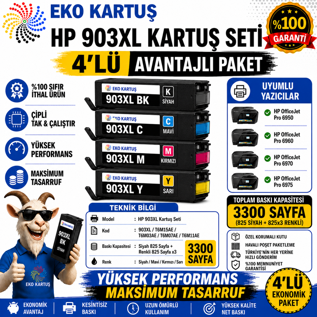 HP 903XL 4 Renkli Kartuş Uyumlu Kartuş Seti