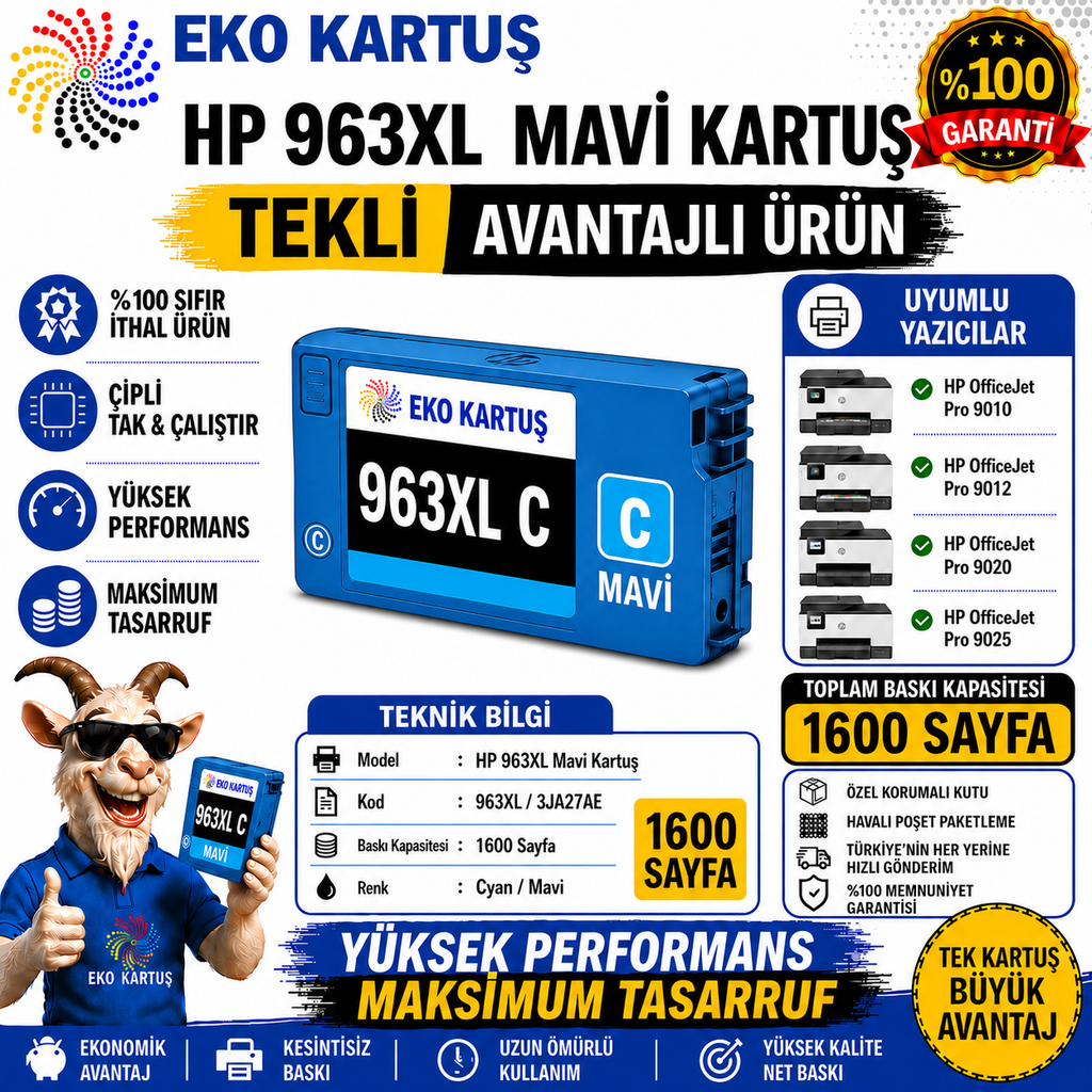Hp Officejet Pro 963xl CYAN (MAVİ) Muadil Kartuş