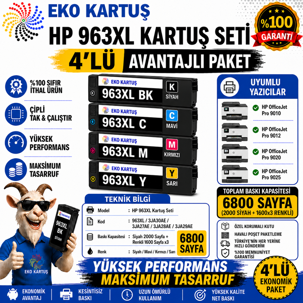 Hp Officejet Pro 9023 Yazıcı 963xl Muadil Kartuşu  Set 4 Renk