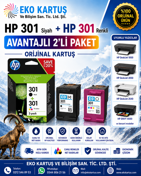 HP DeskJet 1050 HP 301 RENKLİ VE SİYAH 2'Lİ PAKET