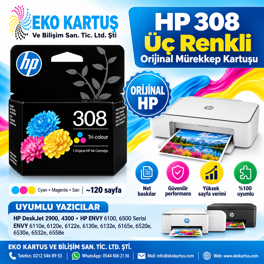 HP 308 Üç Renkli Orijinal Mürekkep Kartuşu – 7FP20UE
