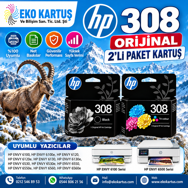 HP 308  ORİJİNAL KARTUŞ SET 2Lİ PAKET  7FP21UE -  7FP20UE