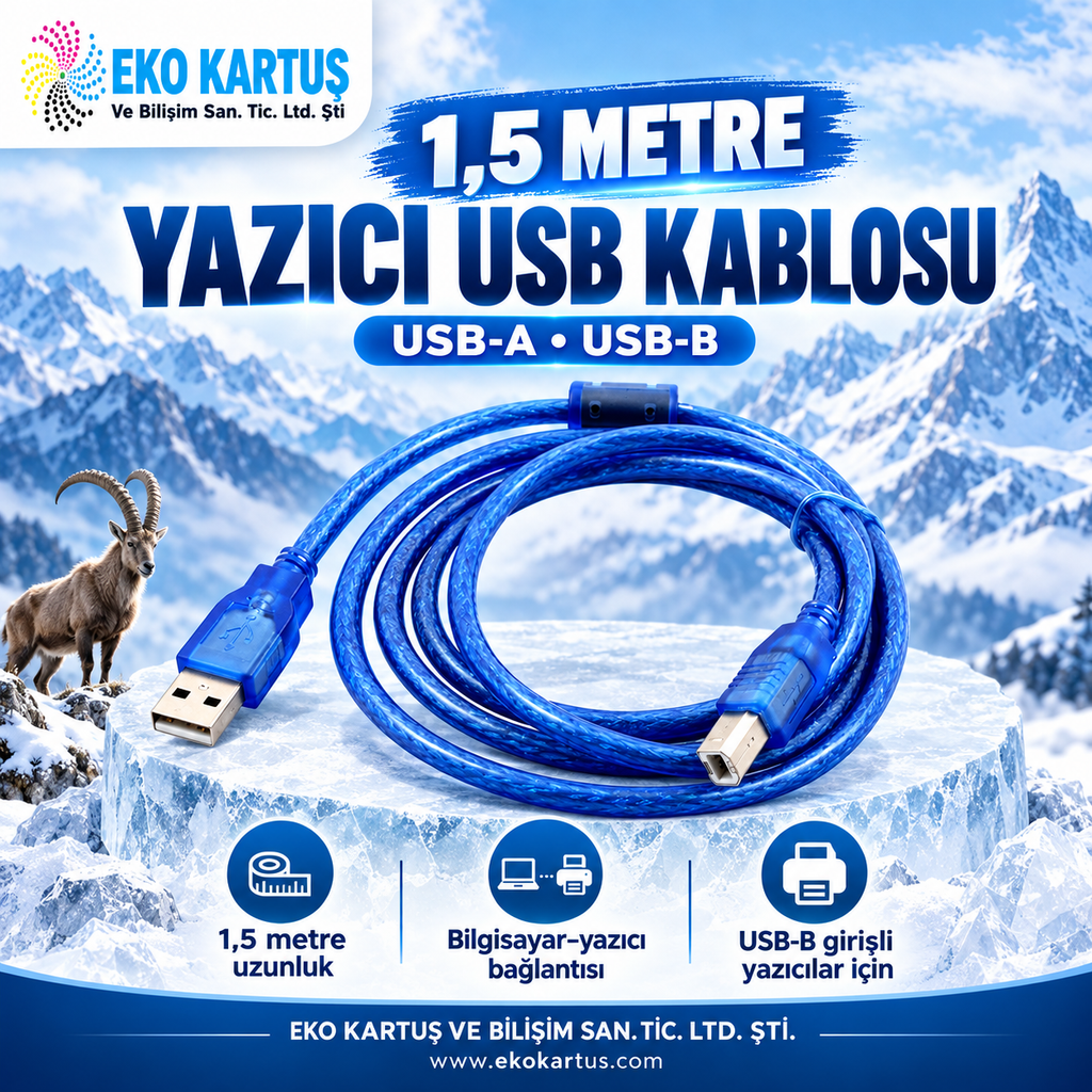 YAZICI USB Kablosu – USB-A / USB-B Bağlantı Kablosu 1,5 Metre
