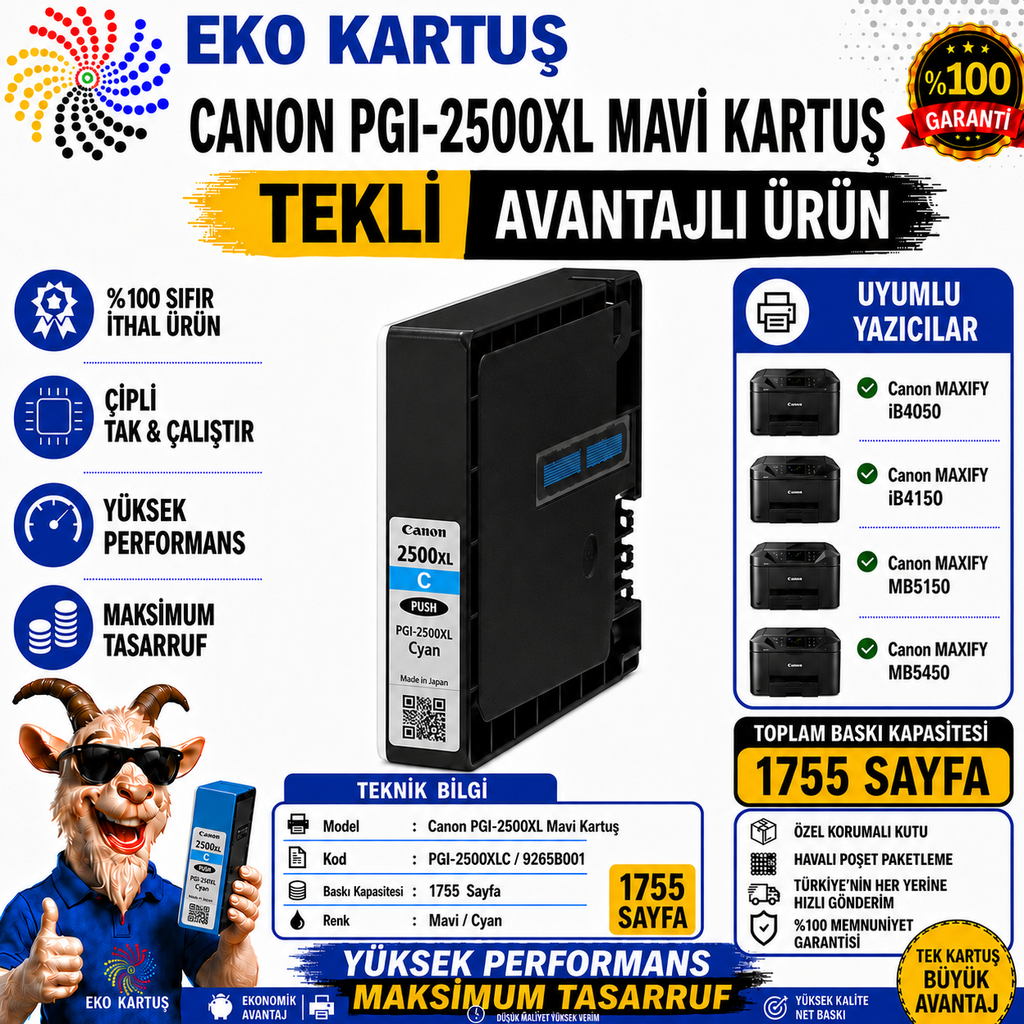 Canon PGI-2500XL Mavi Yüksek Kapasiteli Muadil Kartuş 9265B001