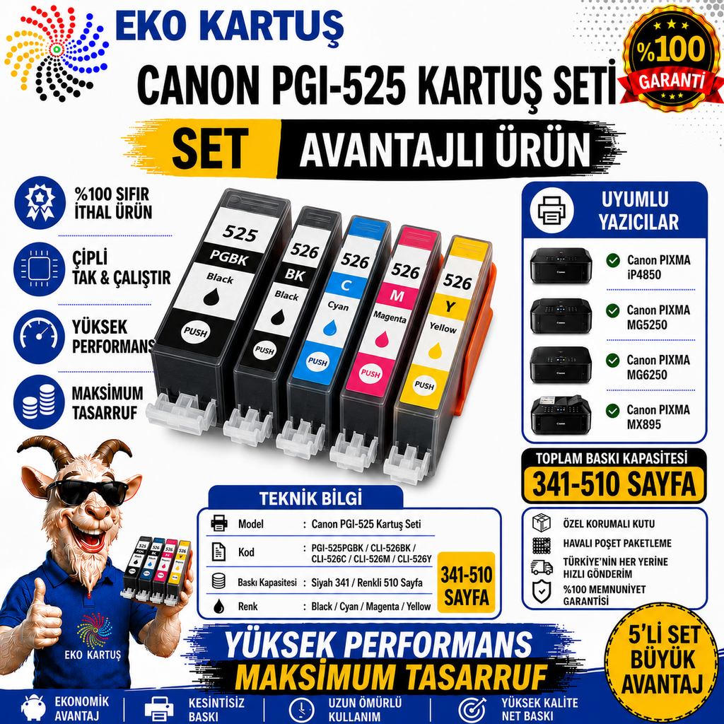Canon Pixma MG6250  PGI-525-CLI-526  MUADİL KARTUŞ 5 Renk SET