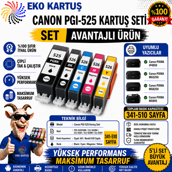 Canon Pixma MG6250  PGI-525-CLI-526  MUADİL KARTUŞ 5 Renk SET