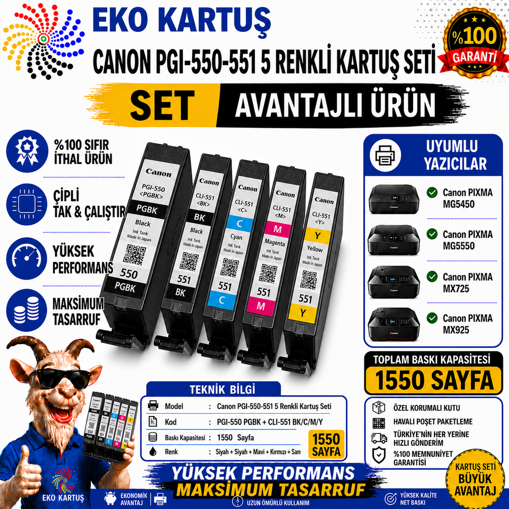 Canon Pixma MG-6350  PGI 550XL / CLİ 551XL 5 RENK MUADİL KARTUŞ