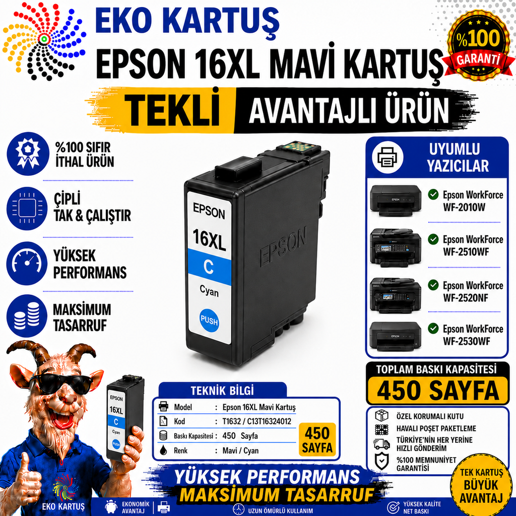 Epson 16XL T1632  CYAN  Muadil Kartuş