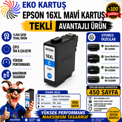 Epson 16XL T1632  CYAN  Muadil Kartuş