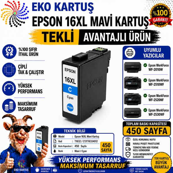Epson 16XL T1632  CYAN  Muadil Kartuş
