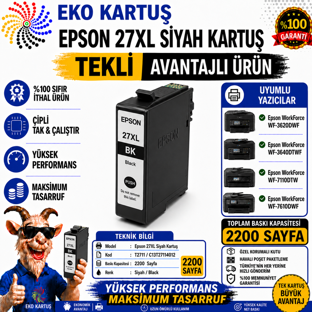 Epson 27XL T2711 BLACK Yüksek Kapasiteli Muadil Kartuş C13T27114020