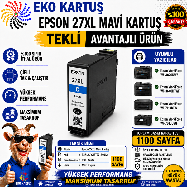 Epson 27XL T2712 BLUE Yüksek Kapasiteli Muadil Kartuş C13T27124020