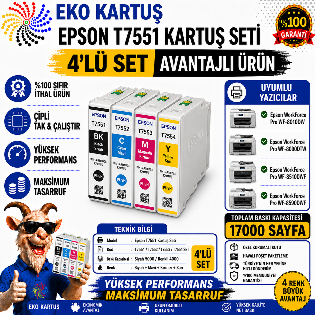 Epson T7551-T7552-T7553-T7554  4 RENK MUADİL  KARTUŞ SETİ