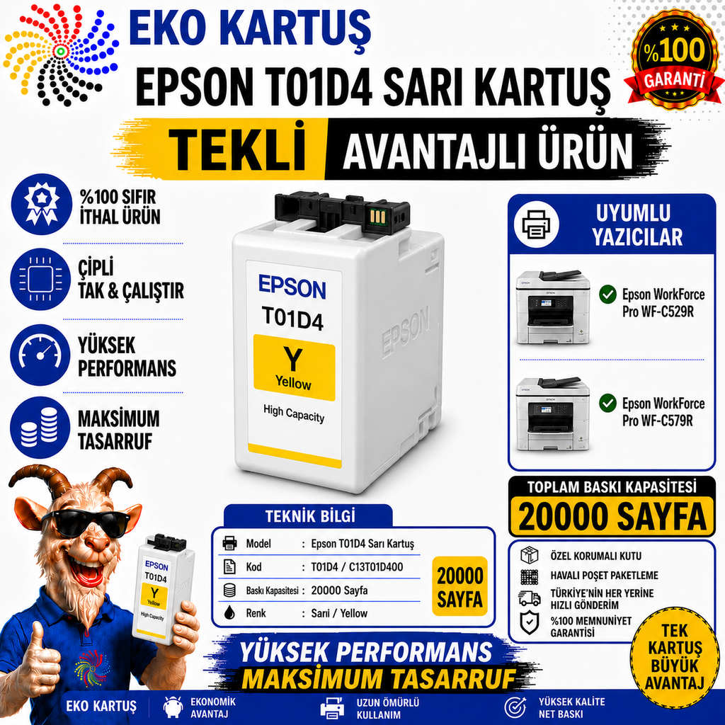 Epson T01D4 Sarı Yüksek Kapasiteli Muadil Kartuş C13T01D400