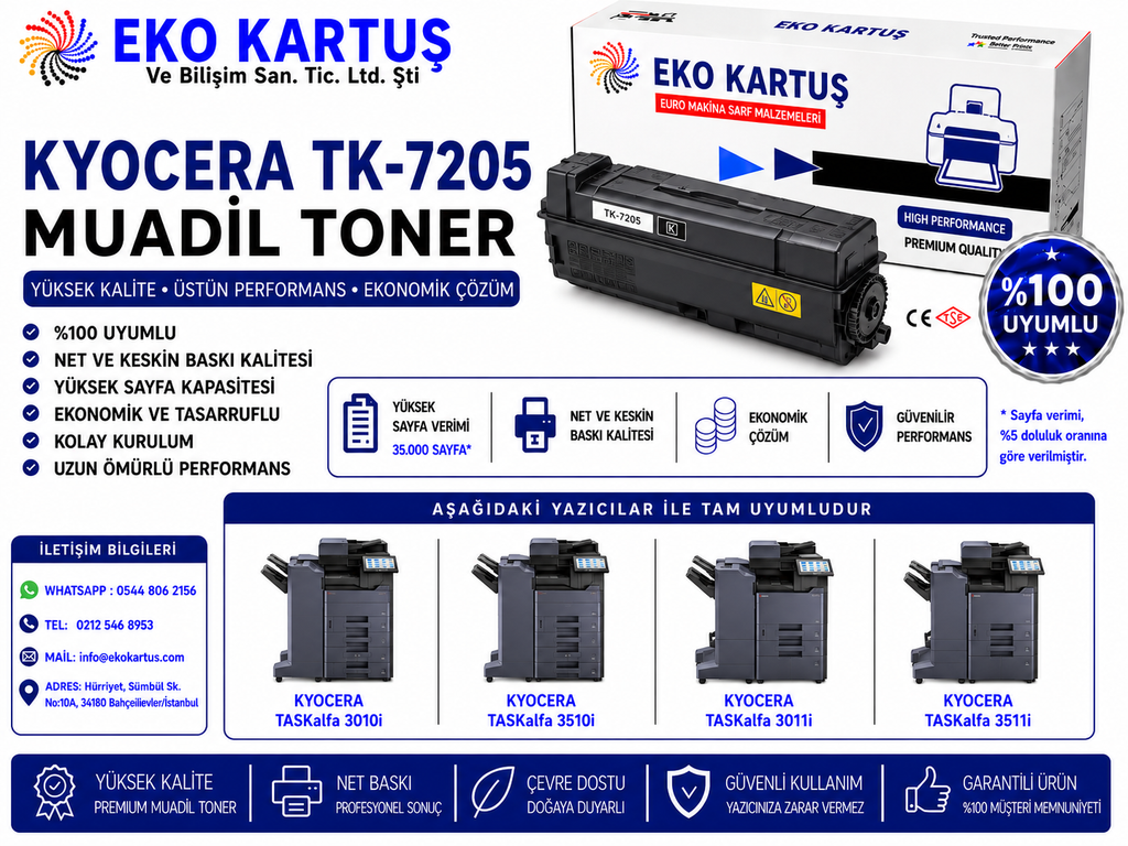 KYOCERA TK-7205 UYUMLU İthal Sıfır Toner (35000 Sayfa) - TASKalfa 3511i (1100Gr/35k) (Copy)