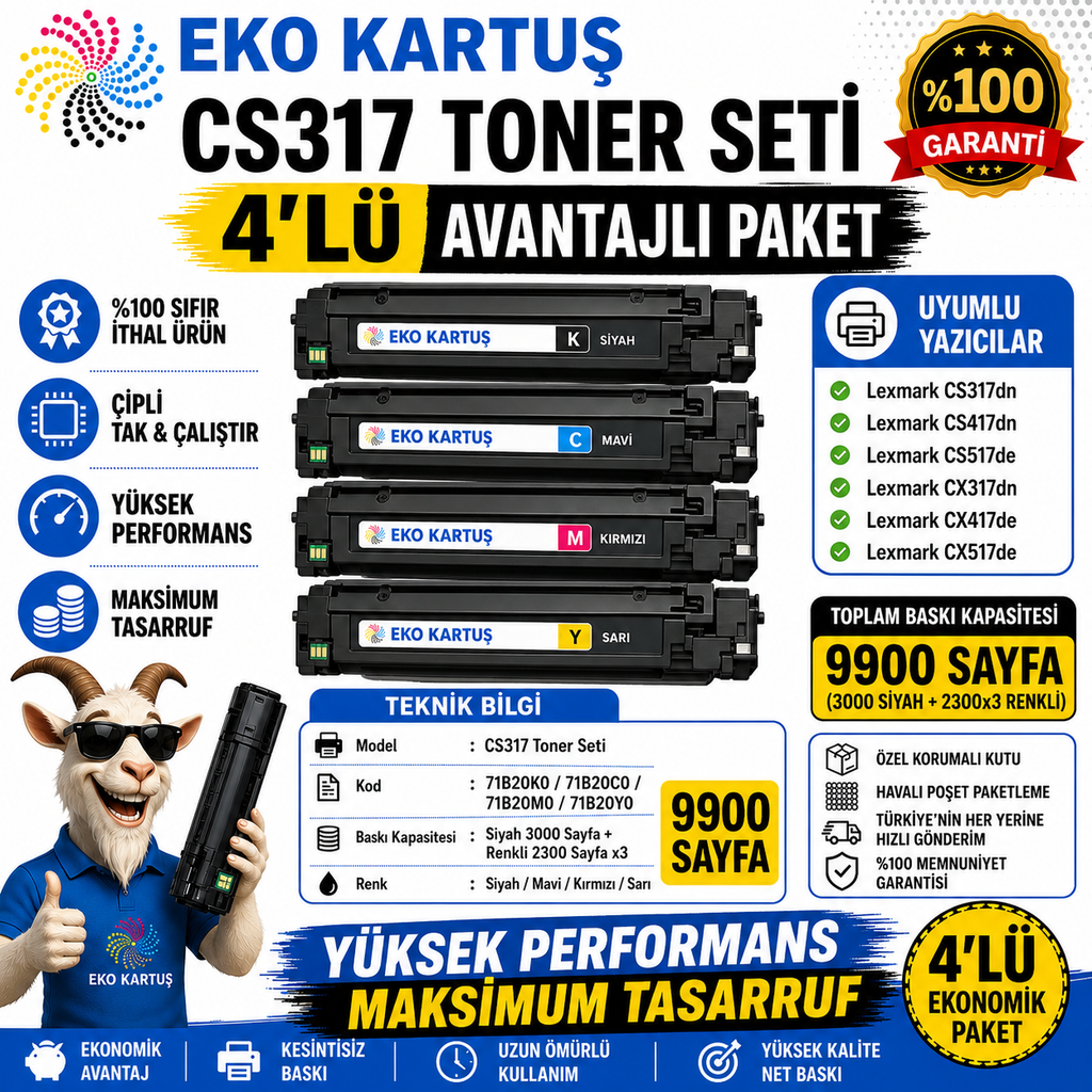 LEXMARK CX417de SET 4 RENK Uyumlu Sıfır İthal TONER CS317/CS417
