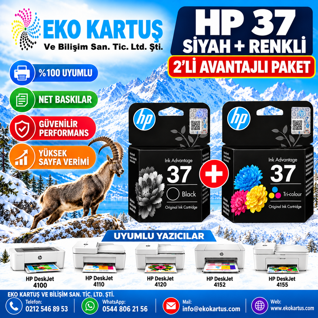 HP 37 SET KARTUŞU 2'Lİ PAKET  RENKLİ VE SİYAH (7FP44AE)  (7FP45AE)