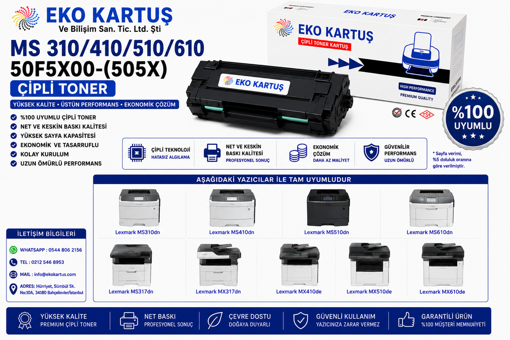 Lexmark MS610Dn YÜKSEK KAPASİTELİ Muadil Toner505H-50F5H00