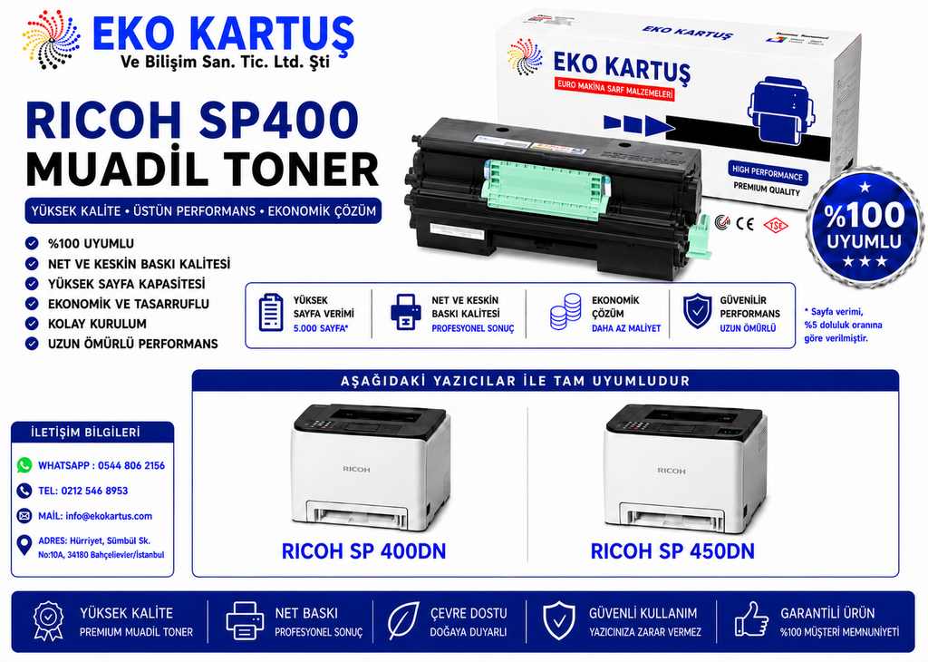 Ricoh SP 400 DN UYUMLU TONER SP400/SP450E(3K)